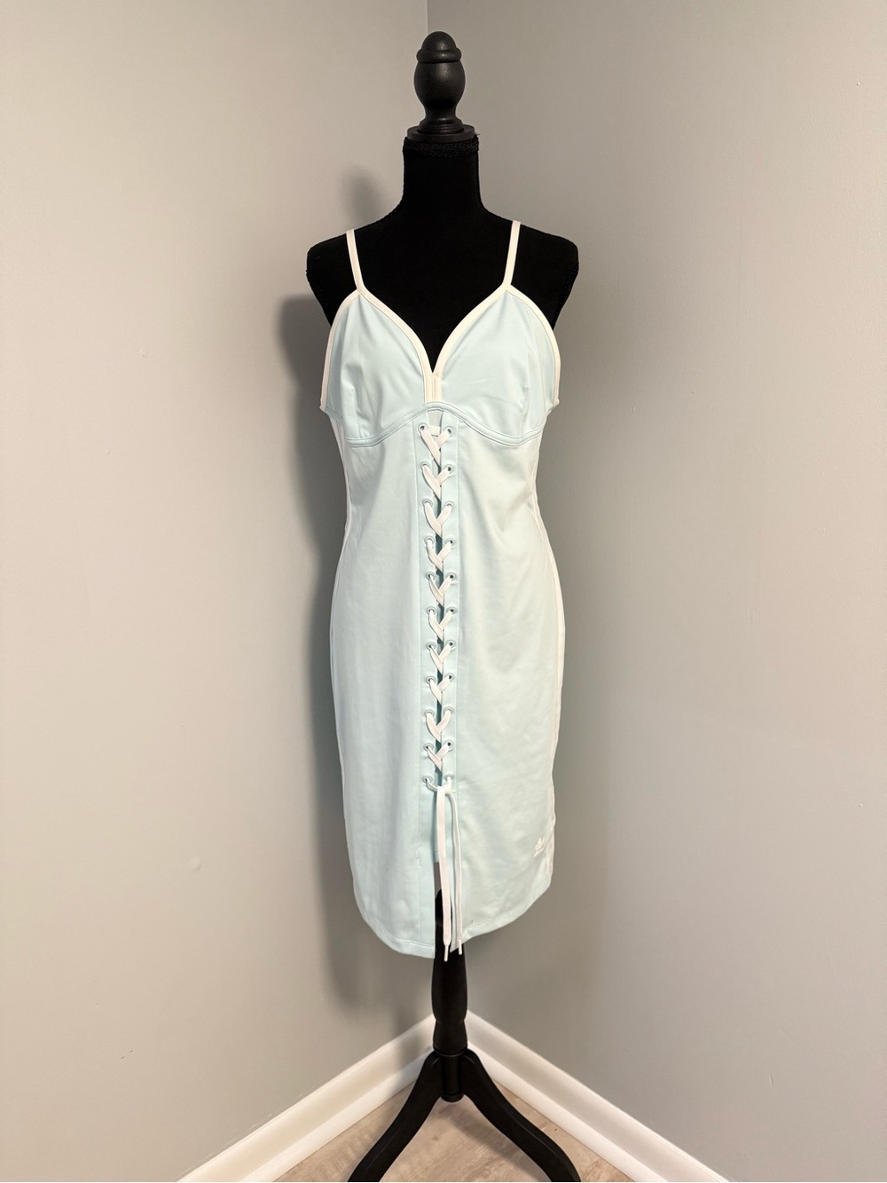 adidas Light Blue Lace-Up Midi Dress with White Trim - Picture 1 of 2